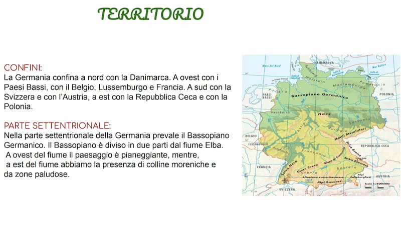 GERMANIA TERRITORIO
CONFINI:
La Germania confina a nord con la Danimarca. A ovest con i
Paesi Bassi, con il Belgio, Lussemburgo e Francia. A