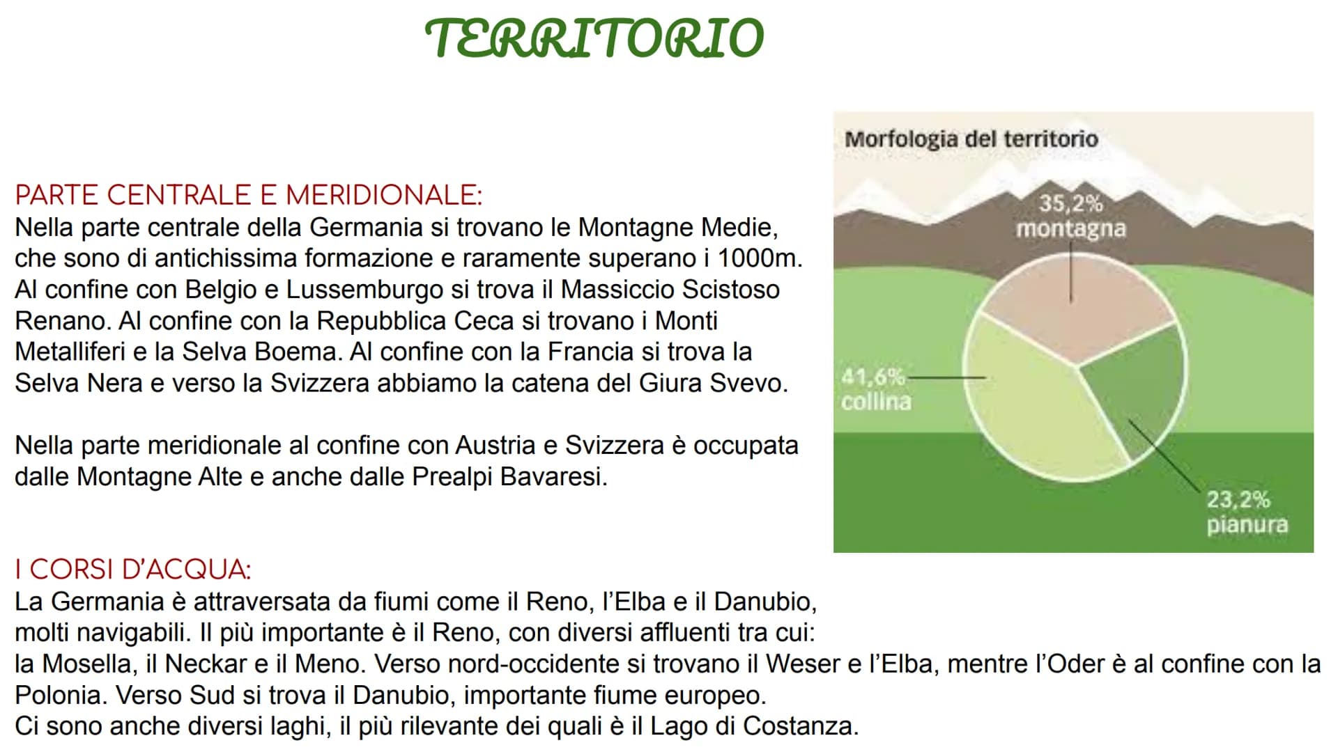 GERMANIA TERRITORIO
CONFINI:
La Germania confina a nord con la Danimarca. A ovest con i
Paesi Bassi, con il Belgio, Lussemburgo e Francia. A