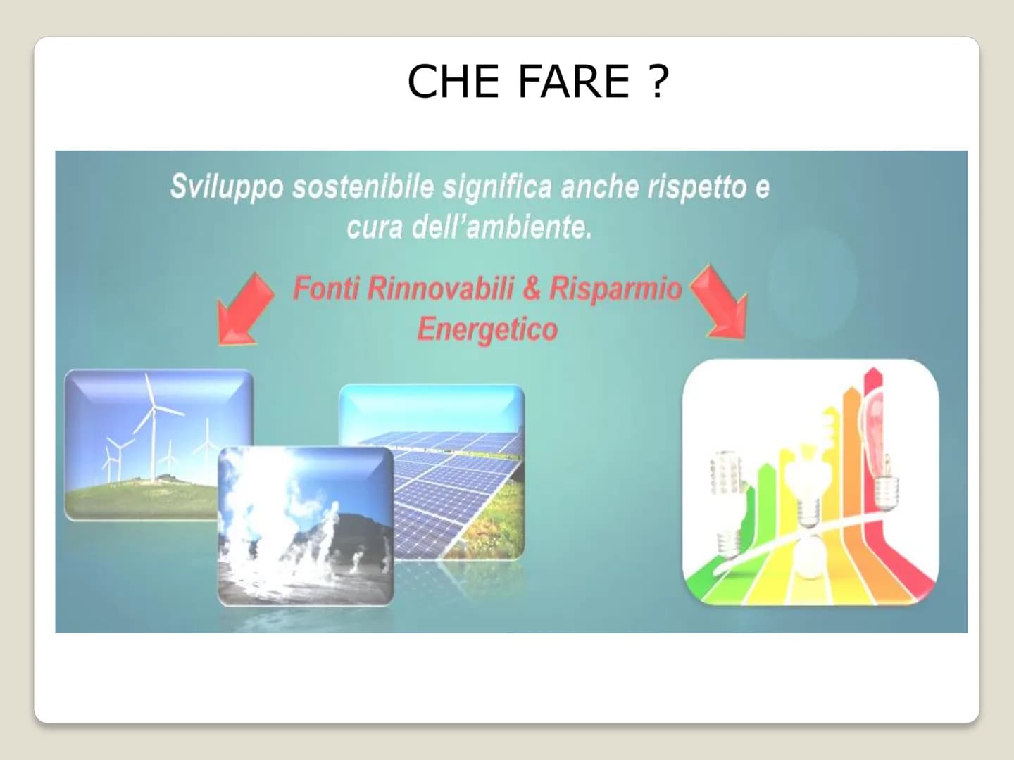   Cos'e' ?
Sviluppo sostenibile
"Sviluppo che soddisfa i
bisogni dell'attuale
generazione senza
compromettere la
capacità per le
generazioni