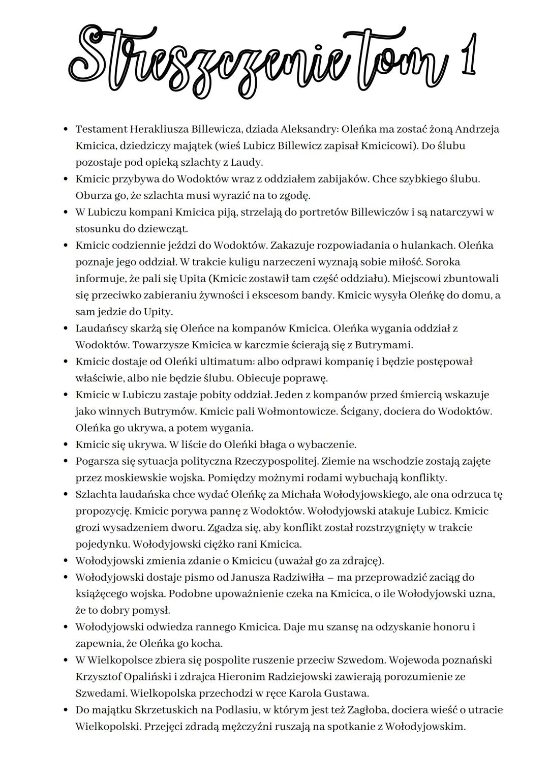 
<p>Testament Herakliusza Billewicza, dziad Aleksandry, mówi o decyzji, że Oleńka ma zostać żoną Andrzeja Kmicica, który dziedziczy majątek,