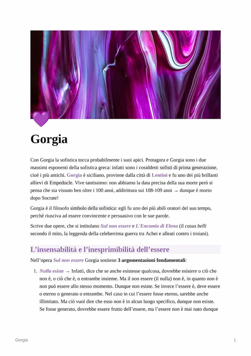 Gorgia
Gorgia
Con Gorgia la sofistica tocca probabilmente i suoi apici. Protagora e Gorgia sono i due
massimi esponenti della sofistica grec