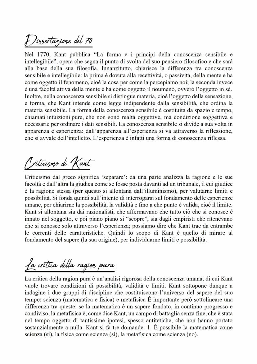 
<h2 id="dissertazionedel70">Dissertazione del 70</h2>
<p>Nel 1770, Kant pubblica “La forma e i principi della conoscenza sensibile e intell