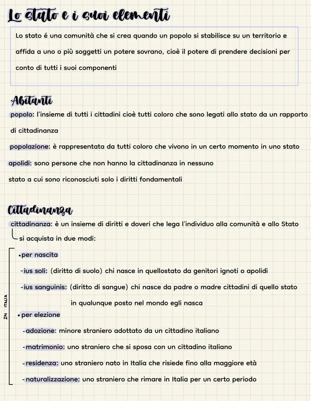 # Lo stato e i suoi elementi

Lo stato é una comunità che si crea quando un popolo si stabilisce su un territorio e
affida a uno o più sogge