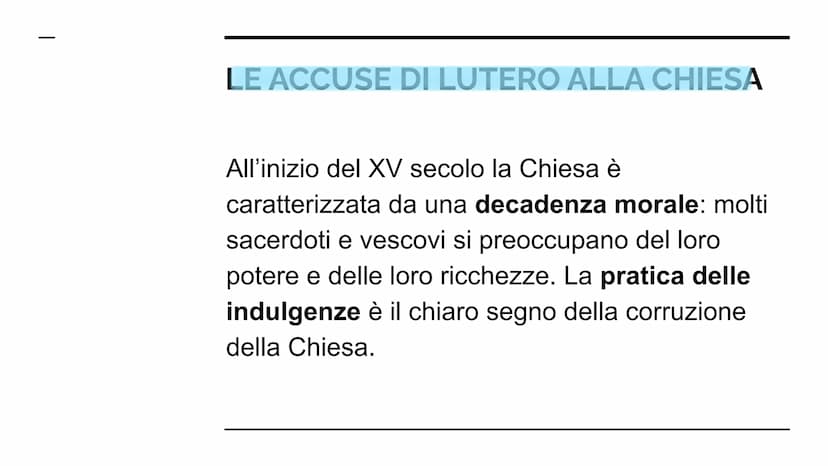 La Riforma
protestante LE ACCUSE DI LUTERO ALLA CHIESA
All'inizio del XV secolo la Chiesa è
caratterizzata da una decadenza morale: molti
sa