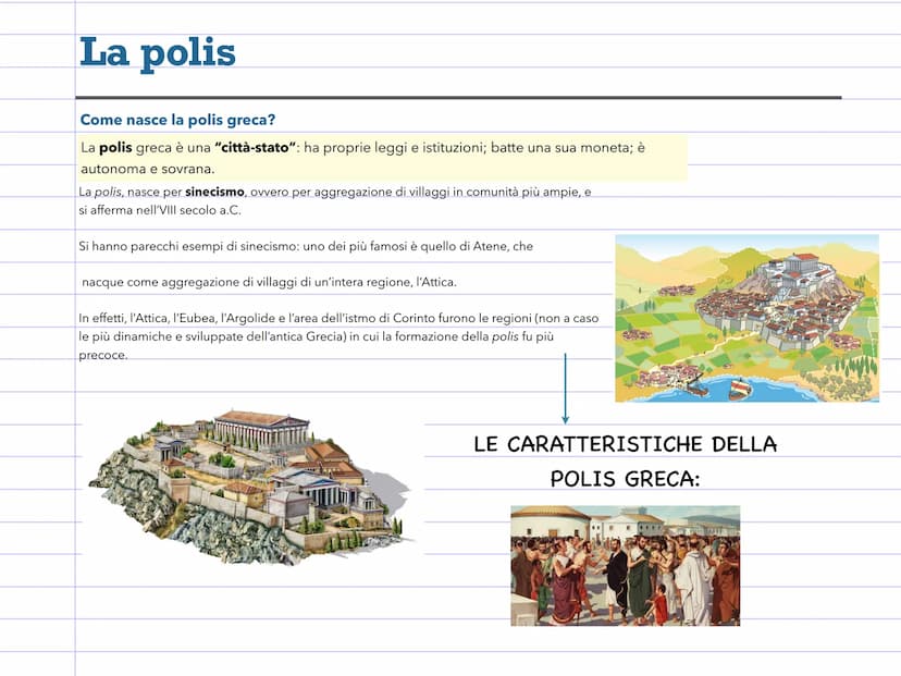 Polis greca, caratteristiche
della città
FABIOLA HODAJ
AL La polis
Come nasce la polis greca?
La polis greca è una "città-stato": ha proprie