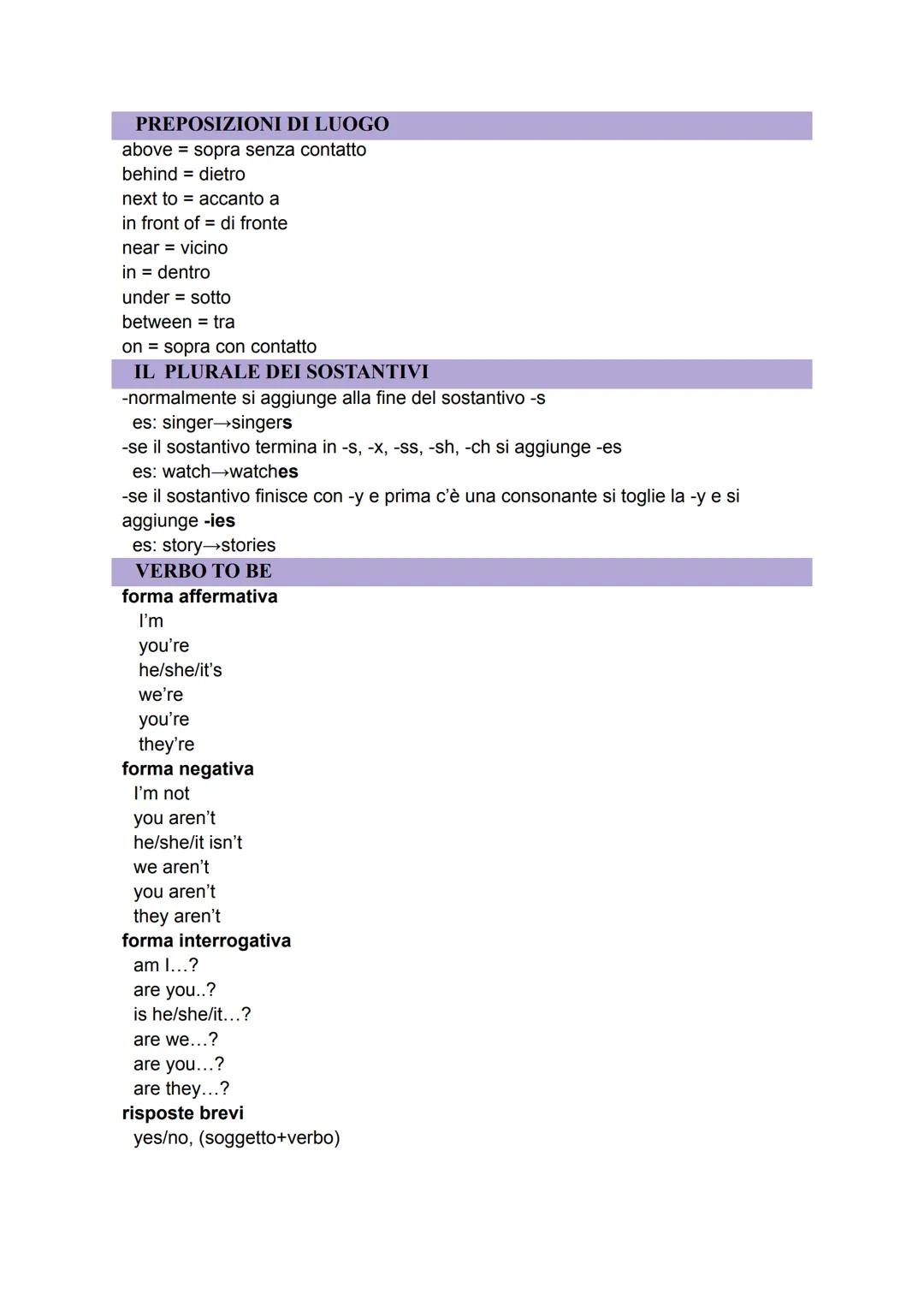 GRAMMATICA
PRONOMI SOGGETTO
| = io
you = tu
he = lui
she = lei
it = si usa per cose o animali
we = noi
you = voi
they = essi/loro
AGGETTIVI 