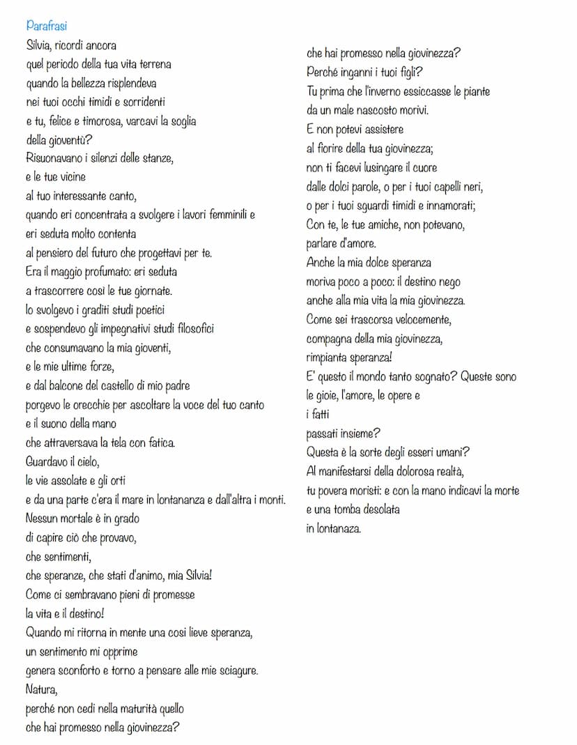 A Silvia- Giacomo Leopardi
Poesia
Silvia, rimembri ancora
Quel tempo della tua vita mortale,
Quando beltà splendea
Negli occhi tuoi ridenti 