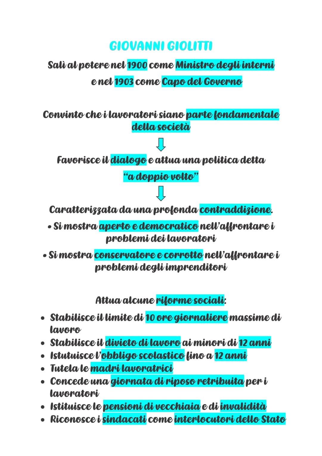 GIOVANNI GIOLITTI
Sali al potere nel 1900 come Ministro degli interni
e nel 1903 come Capo del Governo
Convinto che i lavoratori siano parte