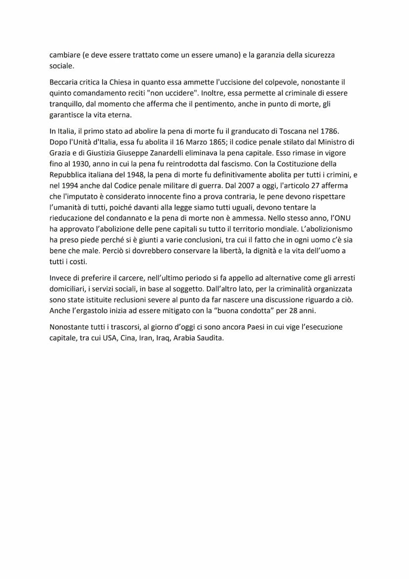 Tema educazione civica
Elaborato sulla funzione delle pene e su quella di morte in particolare, partendo da "Dei
delitti e delle pene" di Ce