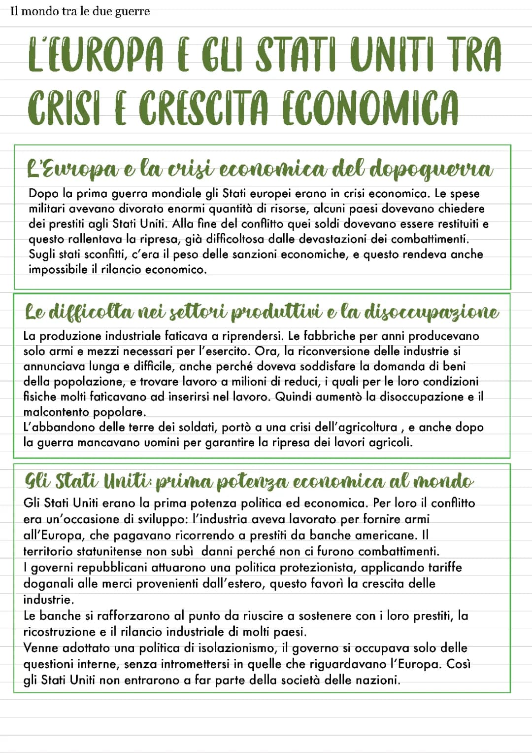 Il dopoguerra in Europa e Stati Uniti: Riassunto Breve, Crisi e Crescita degli Anni '20 e '30