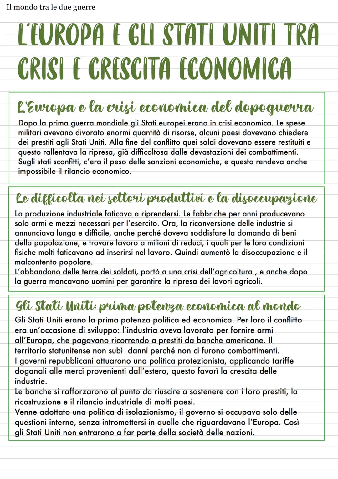 Il mondo tra le due guerre
L'EUROPA E GLI STATI UNITI TRA
CRISI E CRESCITA ECONOMICA
L'Europa e la crisi economica del dopoguerra
Dopo la pr