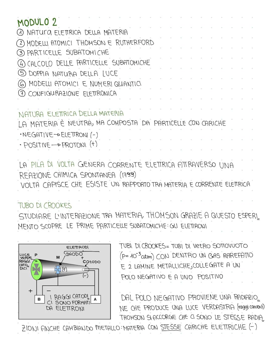 MODULO 2
NATURA ELETTRICA DELLA MATERIA
2 MODELLI ATOMICI THOMSON E RUTHERFORD
3 PARTICELLE SUBATOMICHE
4 CALCOLO DELLE PARTICELLE SUBATOMIC