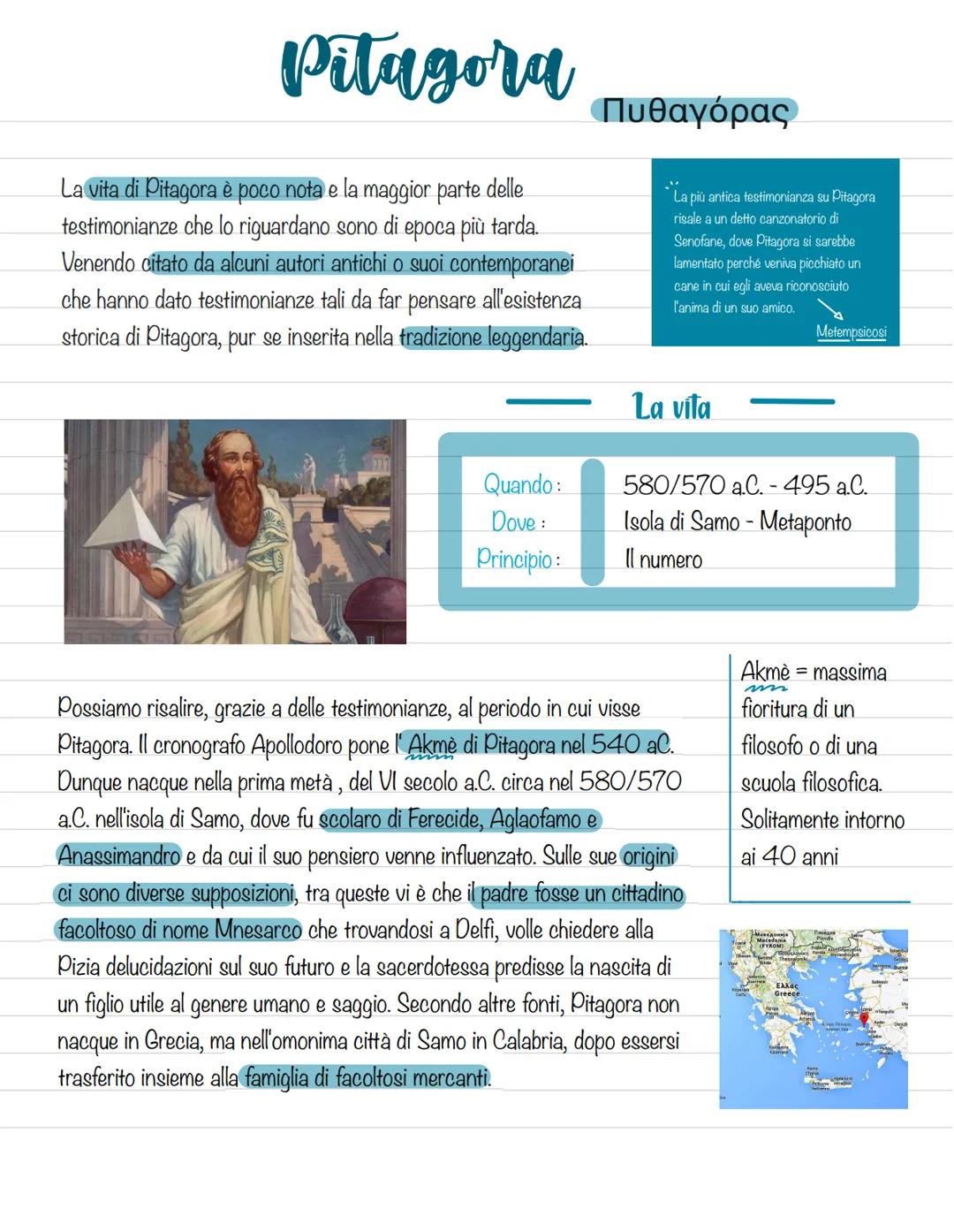 Pitagora
La vita di Pitagora è poco nota e la maggior parte delle
testimonianze che lo riguardano sono di epoca più tarda.
Venendo citato da