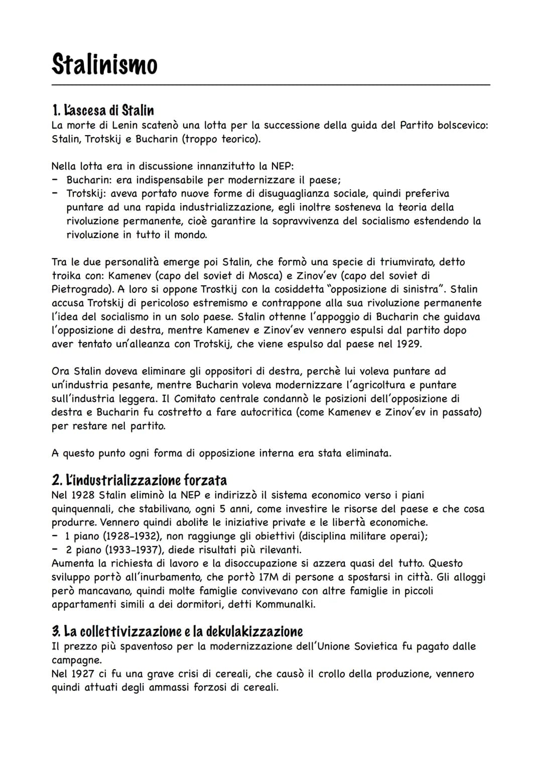 Stalinismo
1. L'ascesa di Stalin
La morte di Lenin scatenò una lotta per la successione della guida del Partito bolscevico:
Stalin, Trotskij