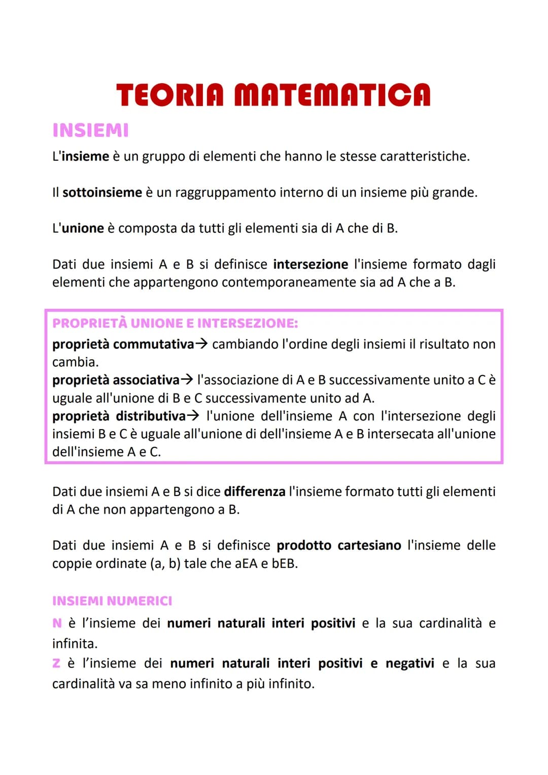 TEORIA MATEMATICA
INSIEMI
L'insieme è un gruppo di elementi che hanno le stesse caratteristiche.
Il sottoinsieme è un raggruppamento interno