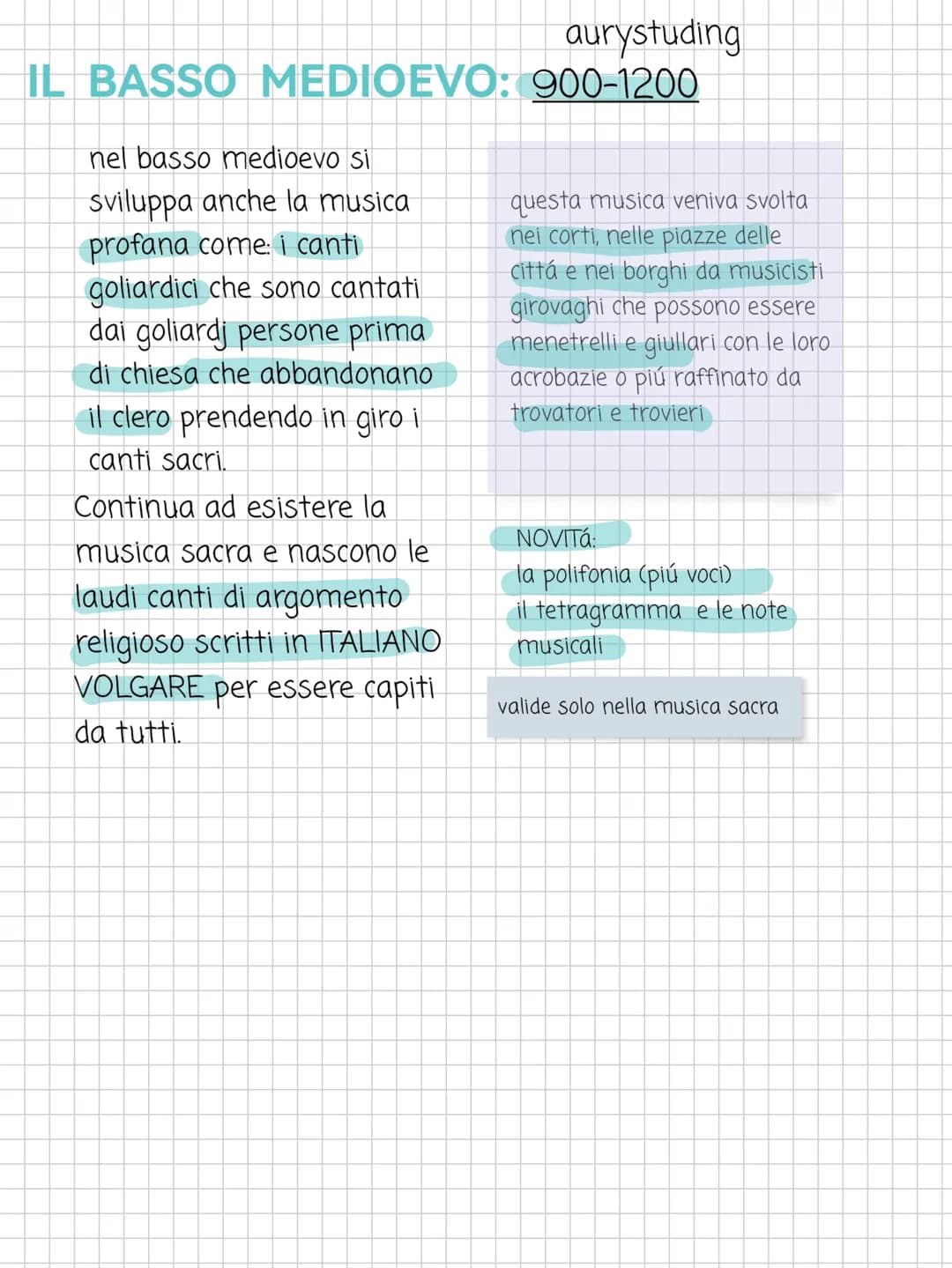 Il medioevo
Il medioevo si divide in:
ALTO MEDIOEVO
BASSO MEDIOEVO
TARDO MEDIOEVO
aurystuding
Alto medioevo: 476-900
nasce il canto gregoria