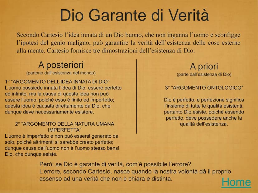 Cartesio
1596-1650 Il Metodo;
●
Il Dubbio Metodico e Iperbolico;
●
●
Il Cogito Ergo Sum;
Le Idee Contenute Nel Cogito;
Dio garante di verità