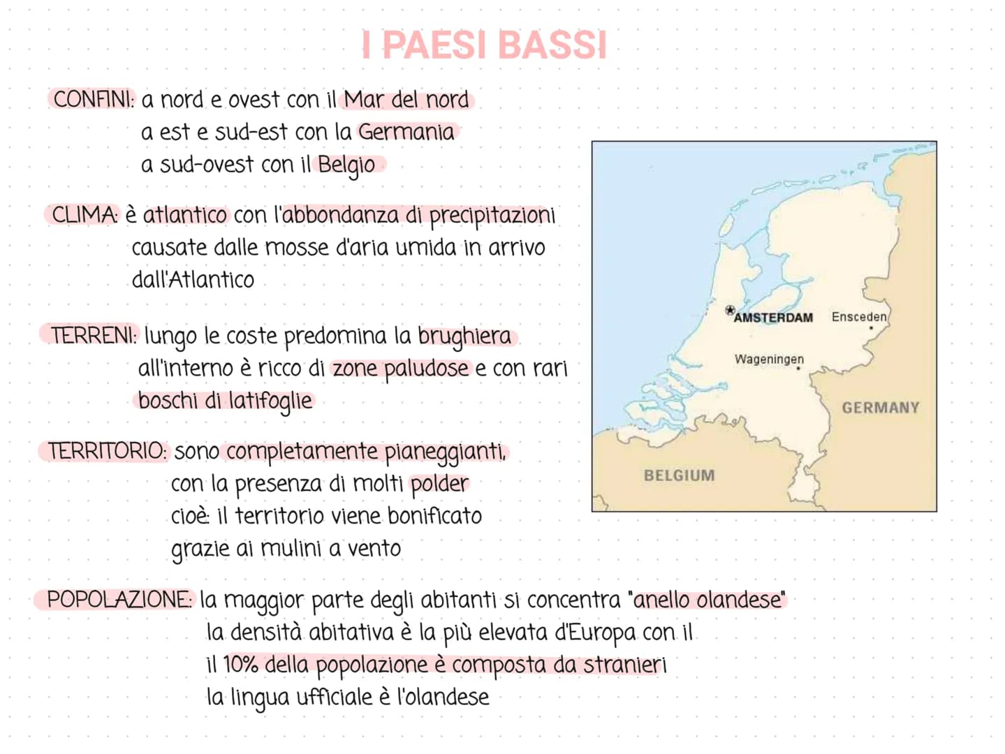 I PAESI BASSI
CONFINI: a nord e ovest con il Mar del nord
a est e sud-est con la Germania
a sud-ovest con il Belgio
CLIMA è atlantico con l'