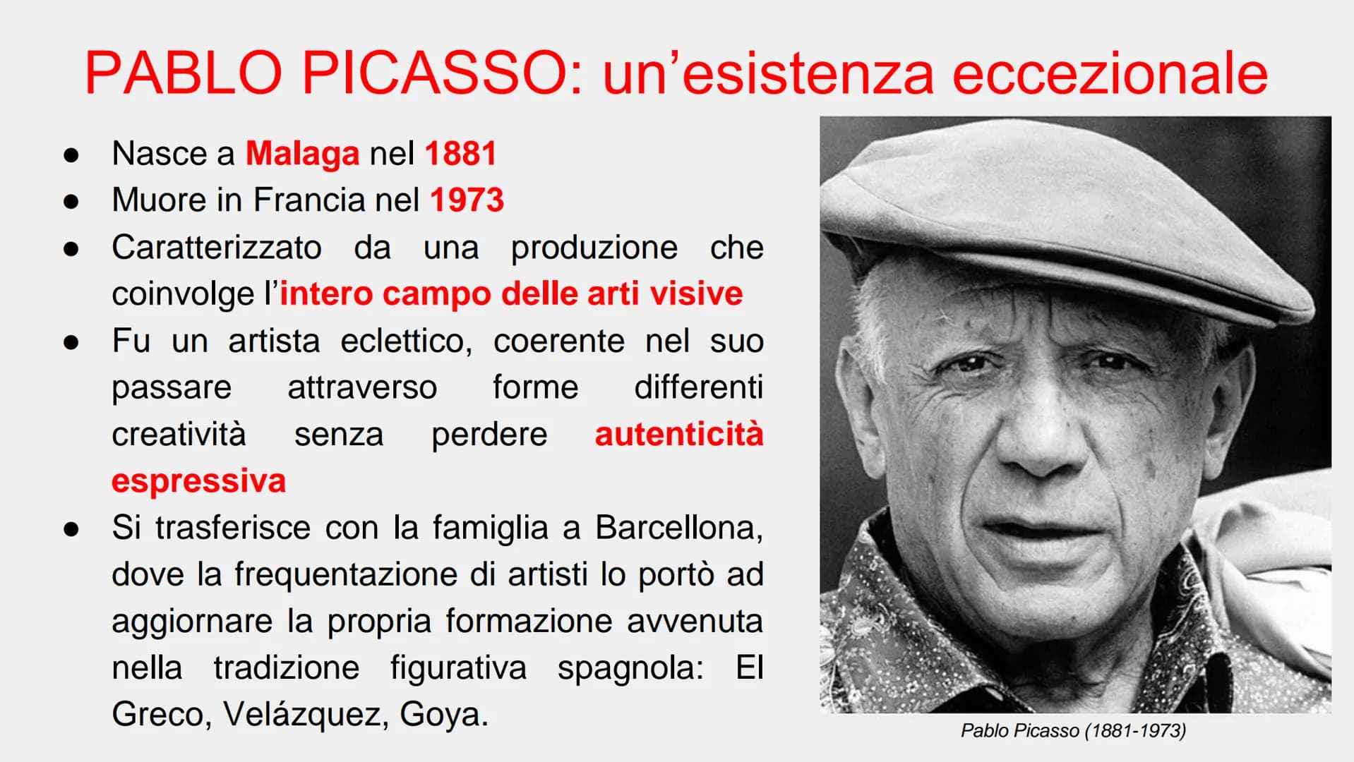 FO
(Aqua
IL CUBISMO PABLO PICASSO: un'esistenza eccezionale
Nasce a Malaga nel 1881
Muore in Francia nel 1973
• Caratterizzato da una
una pr