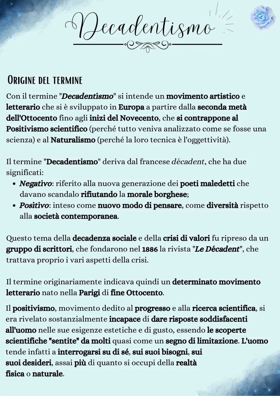 Decadentismo
ORIGINE DEL TERMINE
Con il termine "Decadentismo" si intende un movimento artistico e
letterario che si è sviluppato in Europa 