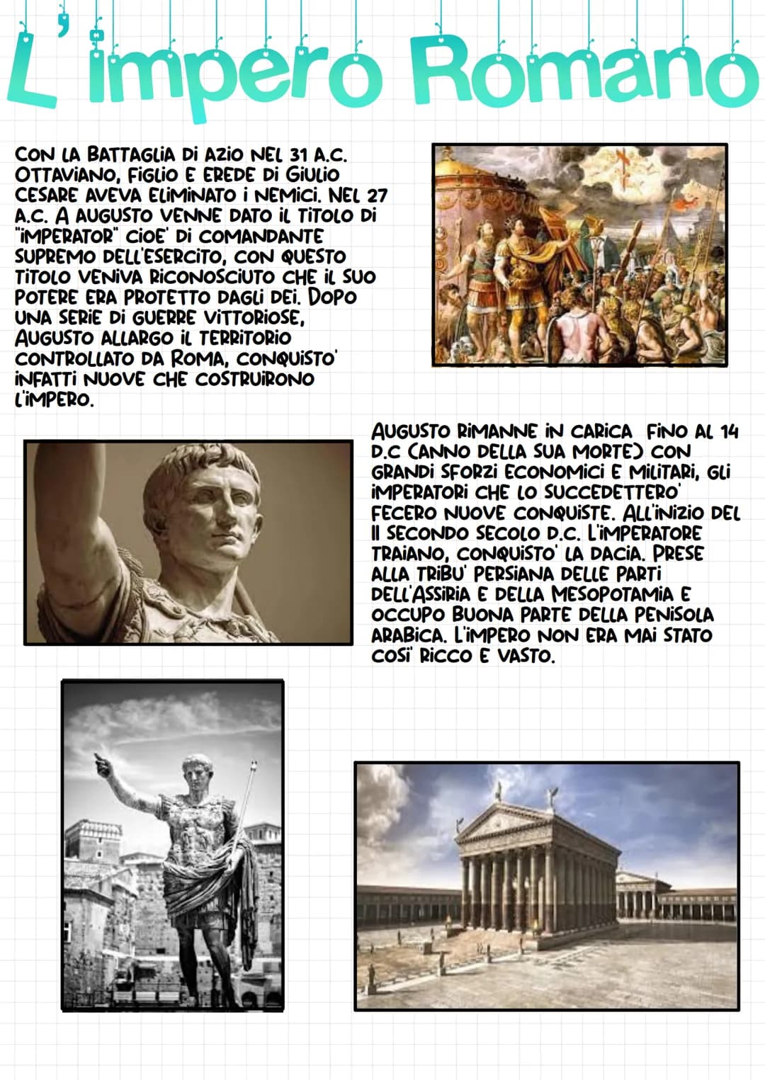 L'impero Romano
CON LA BATTAGLIA DI AZIO NEL 31 A.C.
OTTAVIANO, FIGLIO E EREDE DI GIULIO
CESARE AVEVA ELIMINATO I NEMICI. NEL 27
A.C. A AUGU