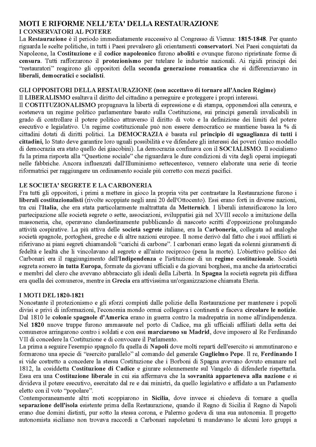 Moti Rivoluzionari in Italia nel 1820-48: Riassunto e Significato della Restaurazione