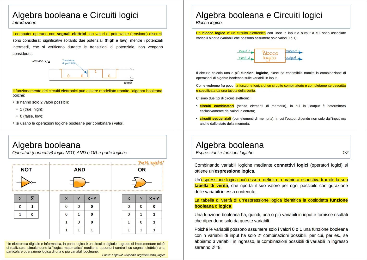 Algebra booleana e Circuiti logici
Introduzione
I computer operano con segnali elettrici con valori di potenziale (tensione) discreti:
sono 