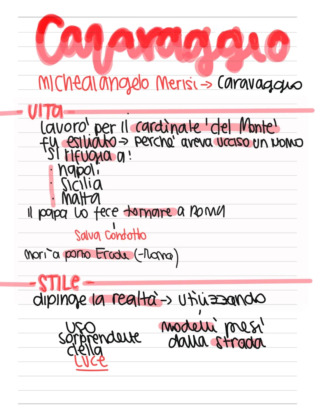  Caravaggio
Micheal angelo Merisi → Caravaggio
VITA-
lavoro per il cardinale del Monte!
fy esiliato → perche' aveva ucciso un NOMO
a!
napoli