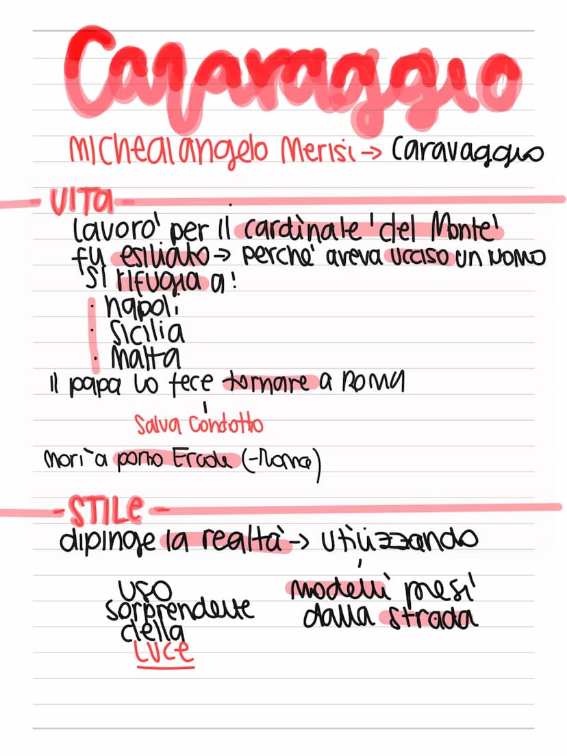  Caravaggio
Micheal angelo Merisi → Caravaggio
VITA-
lavoro per il cardinale del Monte!
fy esiliato → perche' aveva ucciso un NOMO
a!
napoli