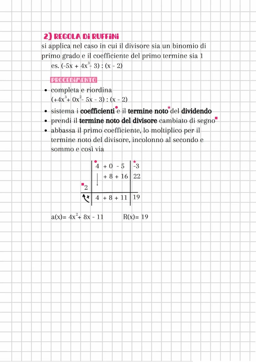 DIVISIONI FRA POLINOMI
E REGOLA DI RUFFINI
1) DIVISIONI FRA POLINOMI
es. (x - 6x³+ 12): (2x + 2x²-1)
PROCEDIMENTO
• coordinare in ordine dec
