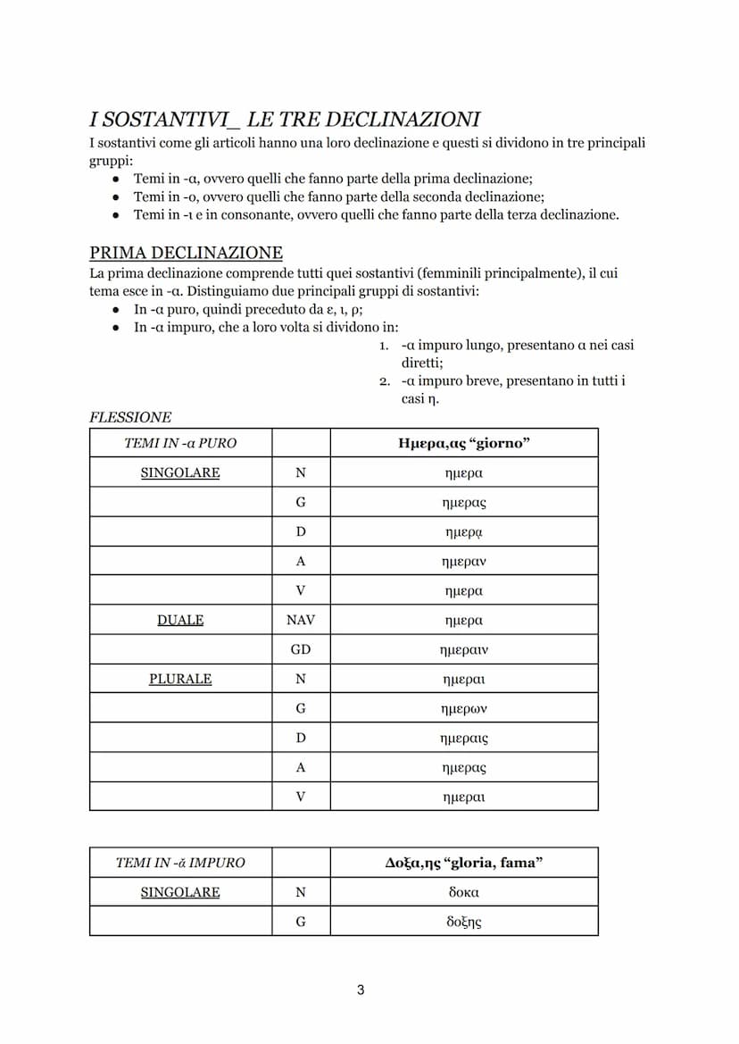 INDICE
● ARTICOLI, declinazione e flessione;
● SOSTANTIVI, divisione per temi;
O Prima declinazione, flessione;
O Seconda declinazione, fles