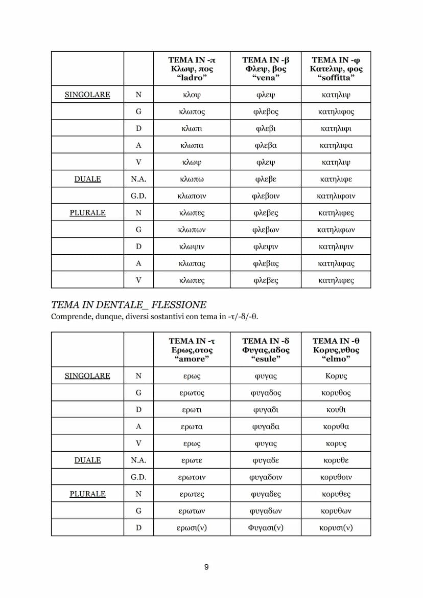INDICE
● ARTICOLI, declinazione e flessione;
● SOSTANTIVI, divisione per temi;
O Prima declinazione, flessione;
O Seconda declinazione, fles