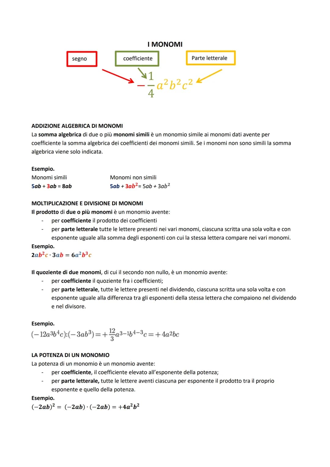 segno
Esempio.
Monomi simili
5ab + 3ab = 8ab
Esempio.
2ab²c 3ab = 6a²b³c
Esempio.
I MONOMI
coefficiente
ADDIZIONE ALGEBRICA DI MONOMI
La som
