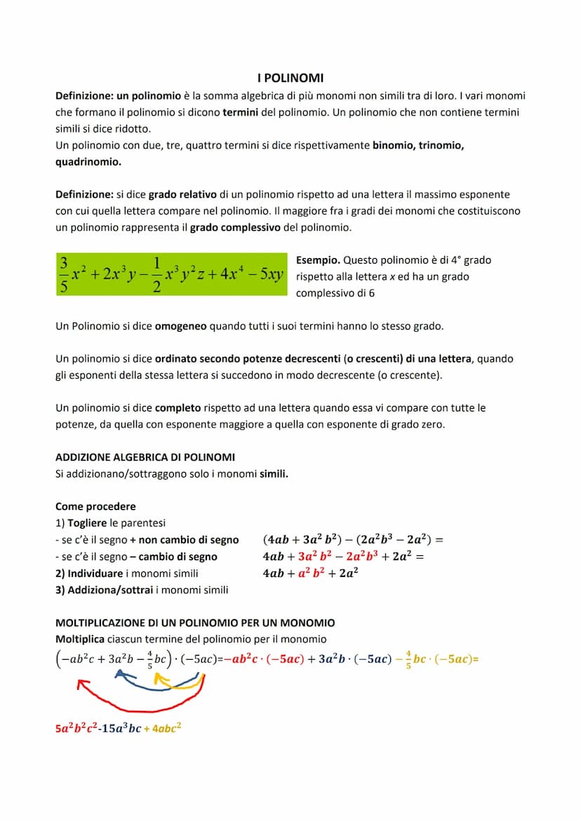 segno
Esempio.
Monomi simili
5ab + 3ab = 8ab
Esempio.
2ab²c 3ab = 6a²b³c
Esempio.
I MONOMI
coefficiente
ADDIZIONE ALGEBRICA DI MONOMI
La som