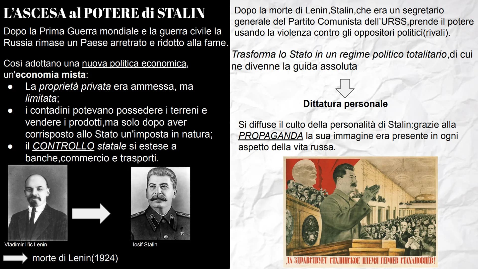 Lo stalinismo
e
il nazismo
S L'ASCESA al POTERE di STALIN
Dopo la Prima Guerra mondiale e la guerra civile la
Russia rimase un Paese arretra
