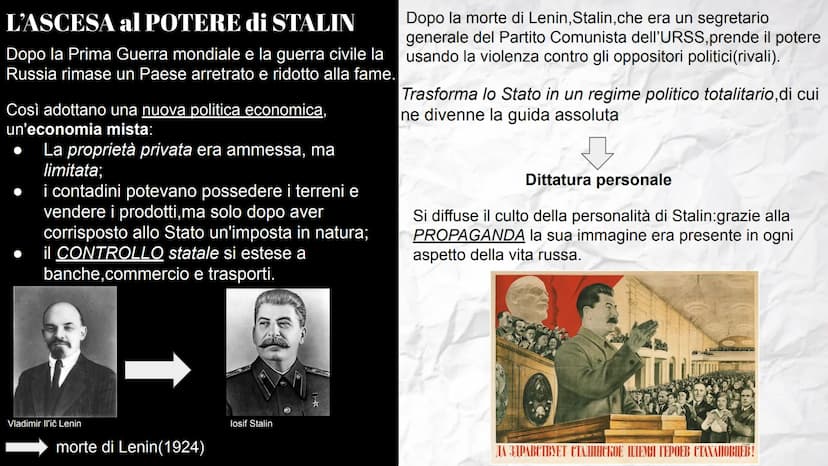 Lo stalinismo
e
il nazismo
S L'ASCESA al POTERE di STALIN
Dopo la Prima Guerra mondiale e la guerra civile la
Russia rimase un Paese arretra