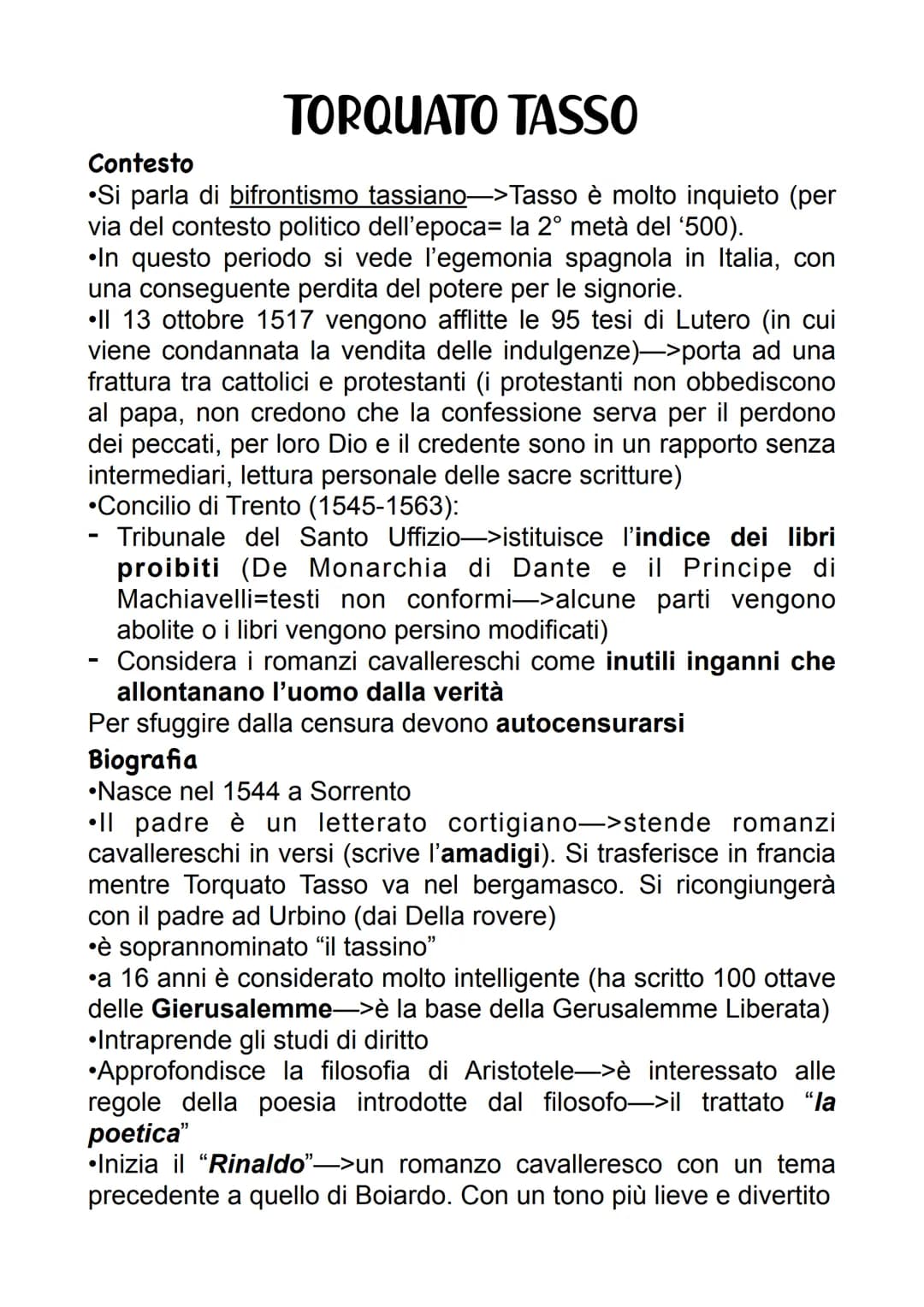 TORQUATO TASSO
Contesto
Si parla di bifrontismo tassiano—>Tasso è molto inquieto (per
via del contesto politico dell'epoca= la 2° metà del '