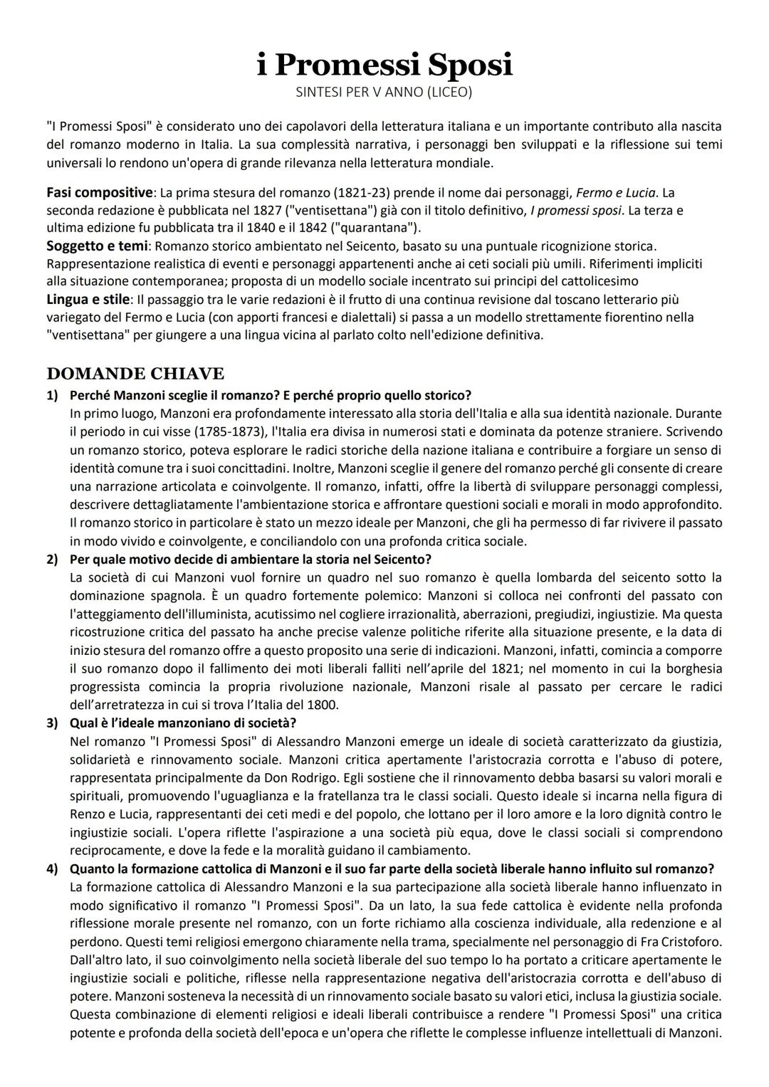 Riassunto dei Promessi Sposi per Studenti del V Anno