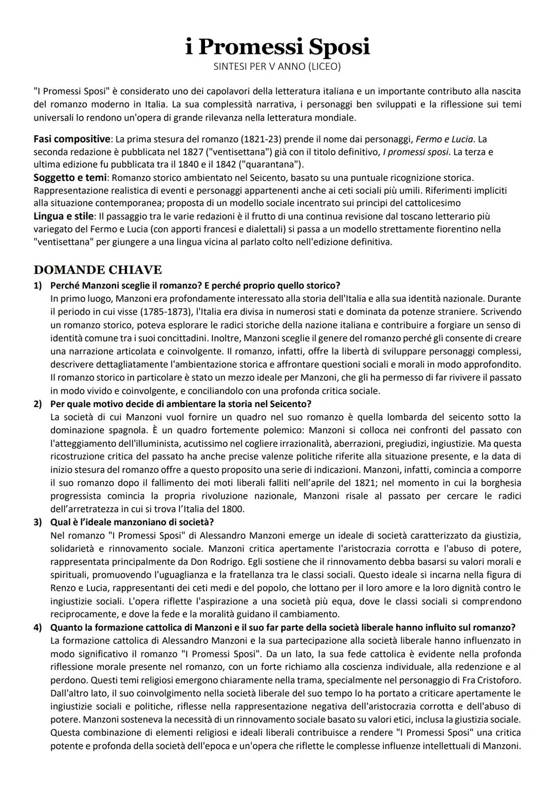 i Promessi Sposi
SINTESI PER V ANNO (LICEO)
"I Promessi Sposi" è considerato uno dei capolavori della letteratura italiana e un importante c