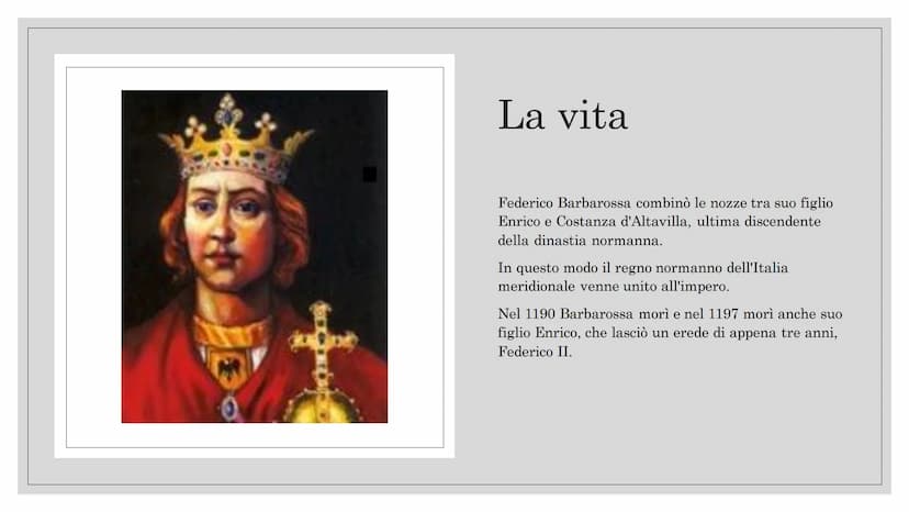 FEDERICO II DI SVEVIA
ATTRAVERSO LE FONTI
PTTHO La vita
Federico Barbarossa combinò le nozze tra suo figlio
Enrico e Costanza d'Altavilla, u