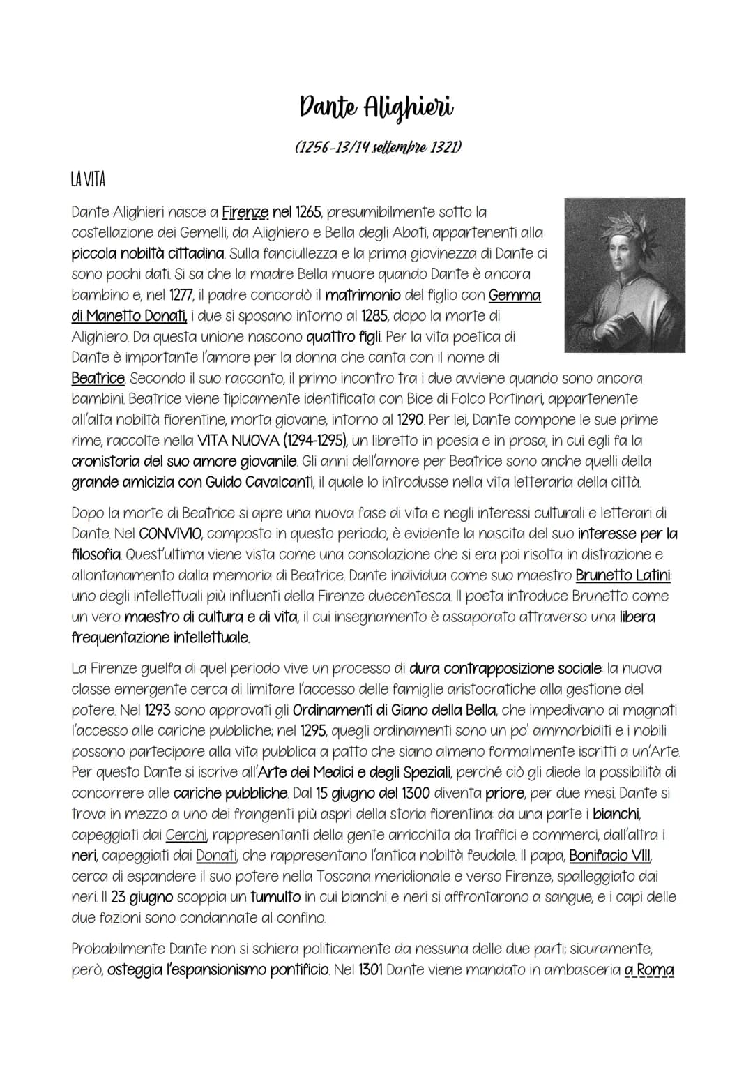 Dante Alighieri
(1256-13/14 settembre 1321)
LA VITA
Dante Alighieri nasce a Firenze nel 1265, presumibilmente sotto la
costellazione dei Gem