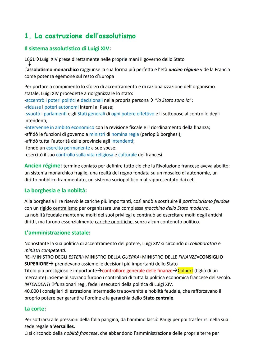 1. La costruzione dell'assolutismo
Il sistema assolutistico di Luigi XIV:
1661→Luigi XIV prese direttamente nelle proprie mani il governo de