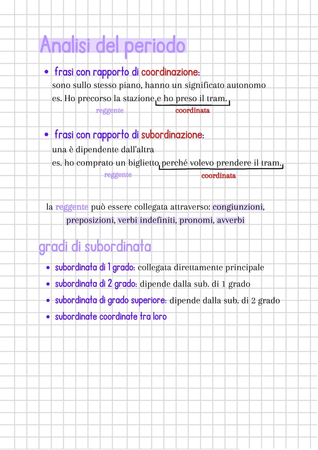 Analisi del periodo
• frasi con rapporto di coordinazione:
sono sullo stesso piano, hanno un significato autonomo
es. Ho precorso la stazion