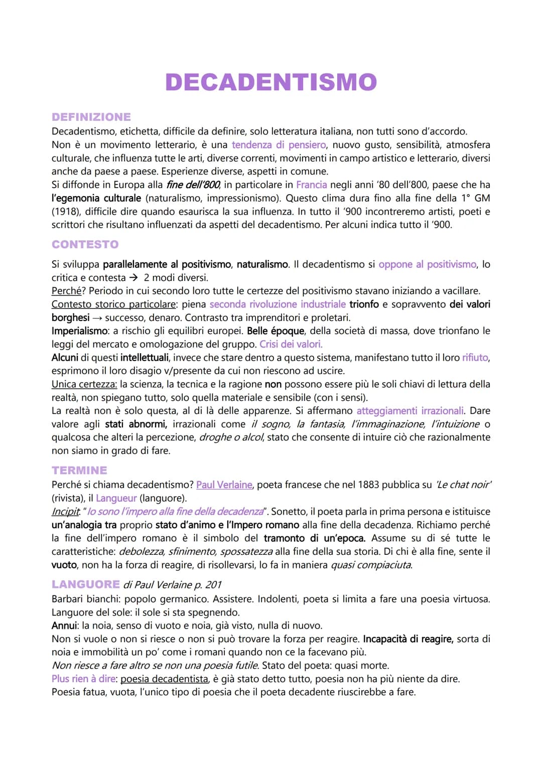 DECADENTISMO
DEFINIZIONE
Decadentismo, etichetta, difficile da definire, solo letteratura italiana, non tutti sono d'accordo.
Non è un movim