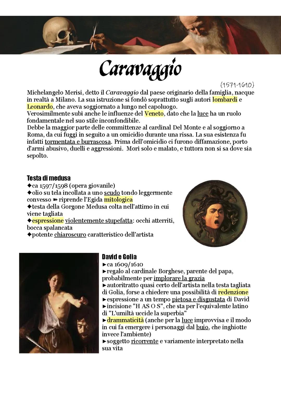 Caravaggio RIASSUNTO SCHEMATICO 