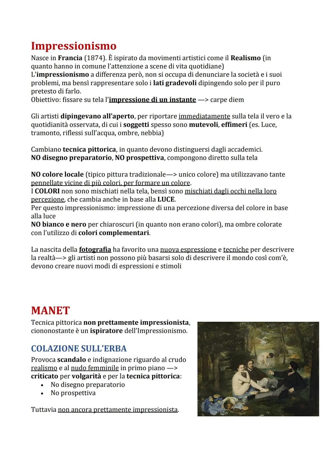 Impressionismo
Nasce in Francia (1874). È ispirato da movimenti artistici come il Realismo (in
quanto hanno in comune l'attenzione a scene d