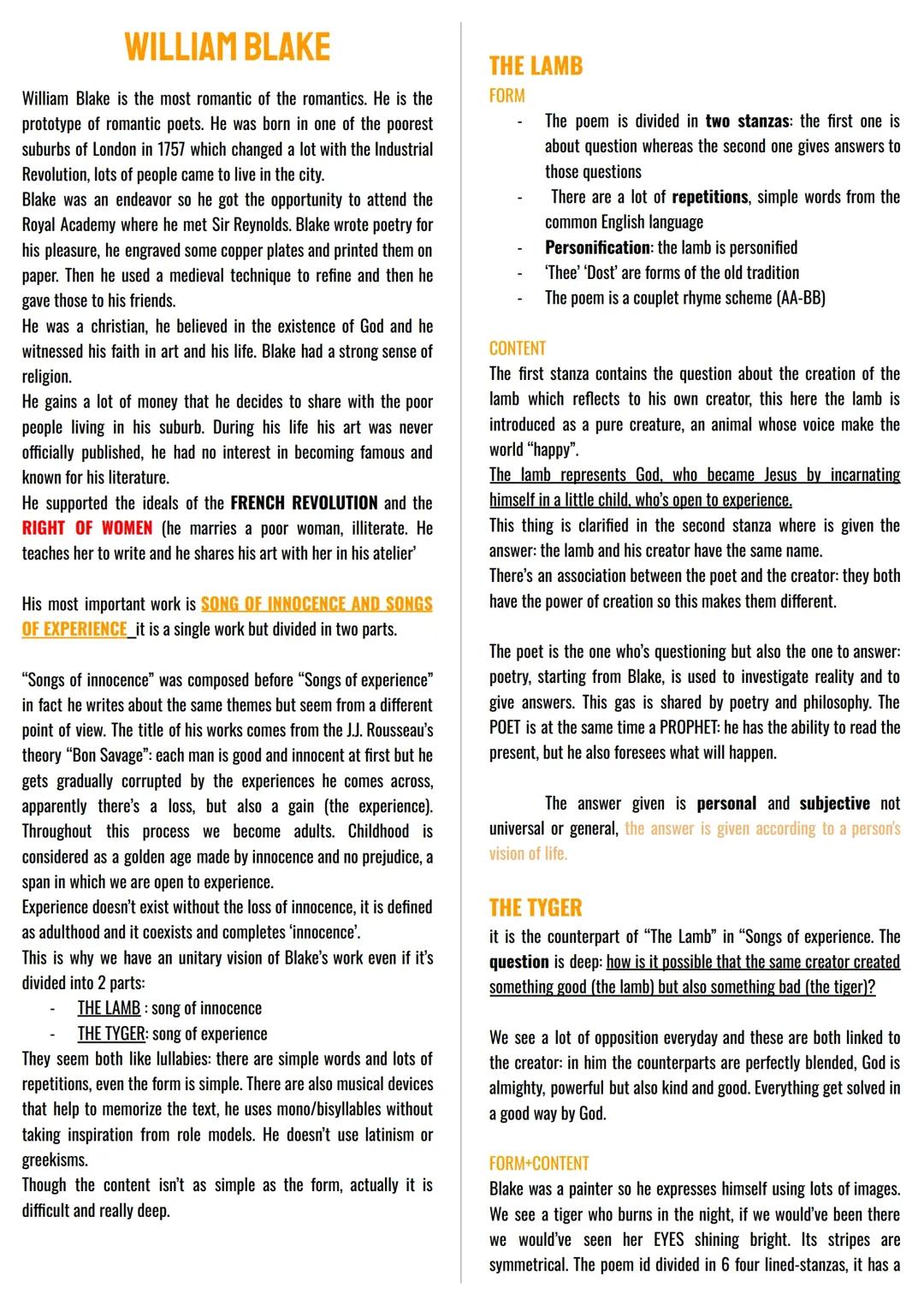 William Blake: Riassunto su The Lamb e The Tyger