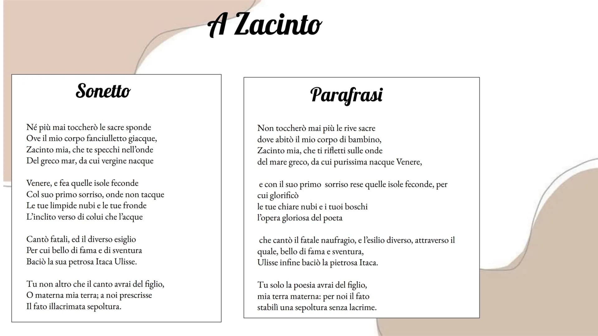 Sonetto
Ne più mai toccherò le sacre sponde
Ove il mio corpo fanciulletto giacque,
Zacinto mia, che te specchi nell'onde
Del greco mar, da c