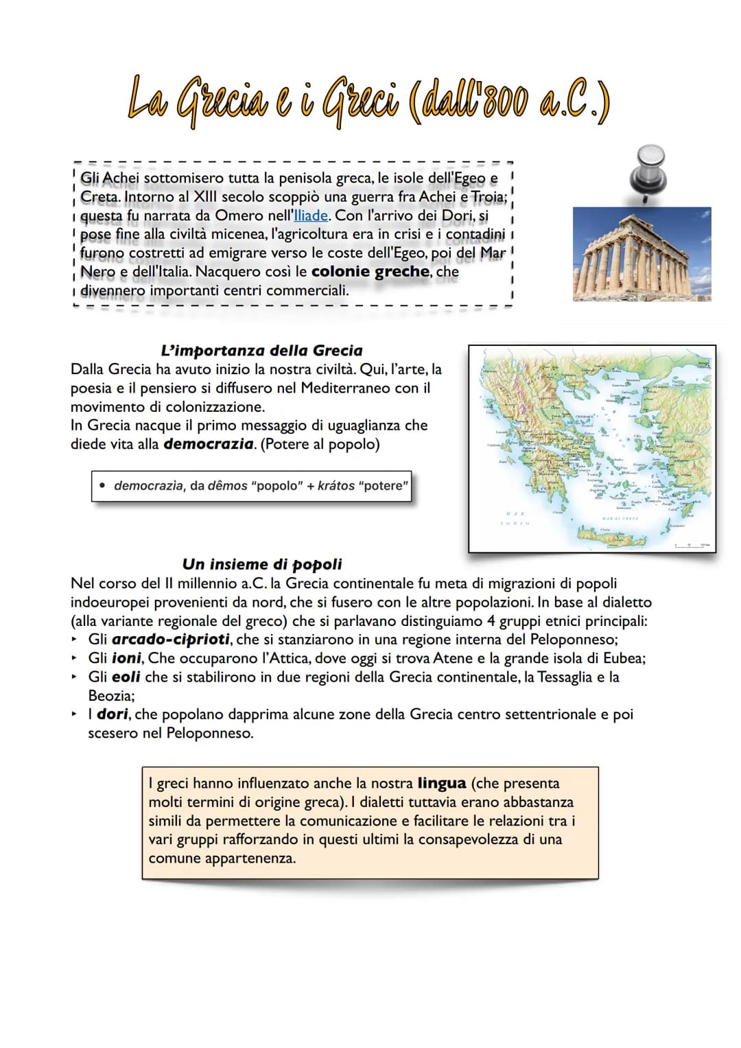 La Grecia e i Greci (dall'800 a.C.)
I
Gli Achei sottomisero tutta la penisola greca, le isole dell'Egeo e
I
Creta. Intorno al XIII secolo sc