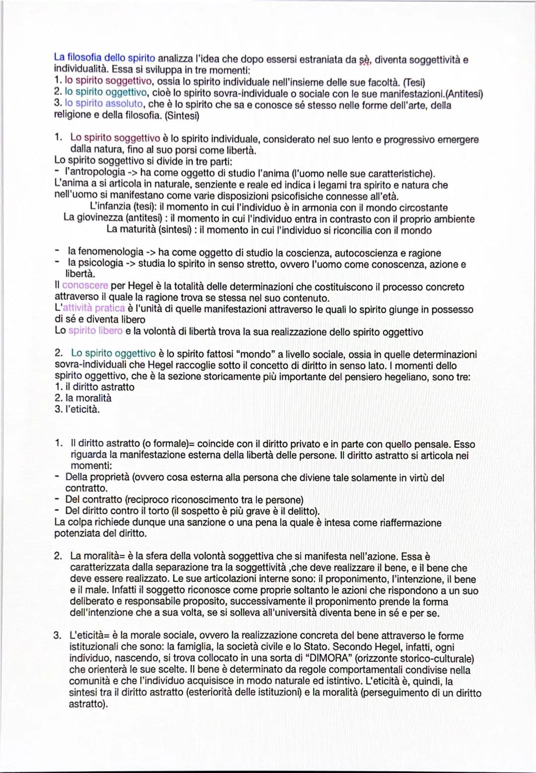 La filosofia dello spirito analizza l'idea che dopo essersi estraniata da şè, diventa soggettività e
individualità. Essa si sviluppa in tre 